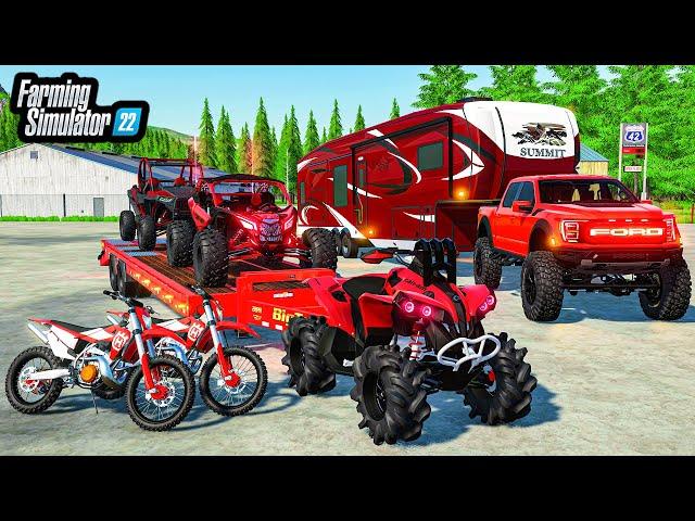 ALL "RED" LUXURY CAMPING SETUP! (LIFTED TRUCKS + RZR) | FS22