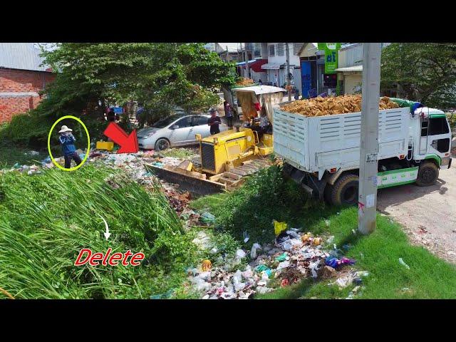 Full video new project!, Landfill by Komatsu D31P bulldozer pushing soil & 5ton dump truck mix VDO