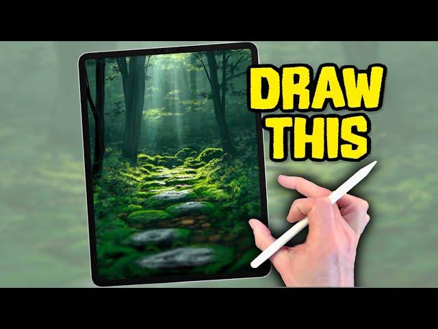 PROCREATE Landscape DRAWING Tutorial in EASY Steps - Mossy Forest Path