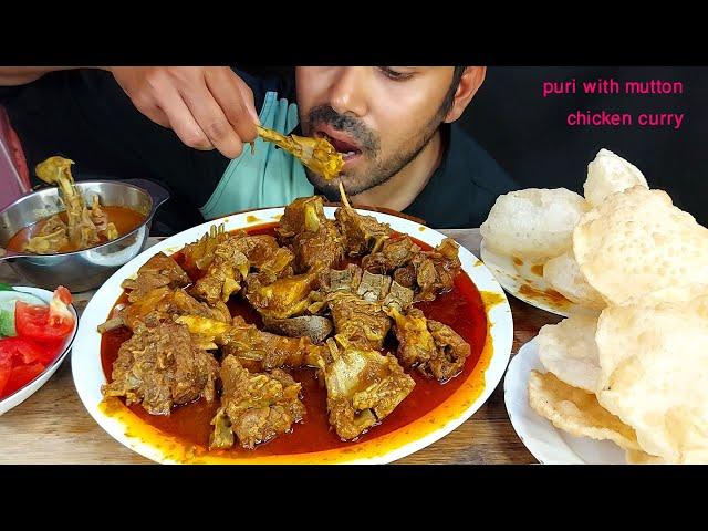 massive mutton handi masala curry and chicken masala soft puri eating  with spicy gravy mukbang show