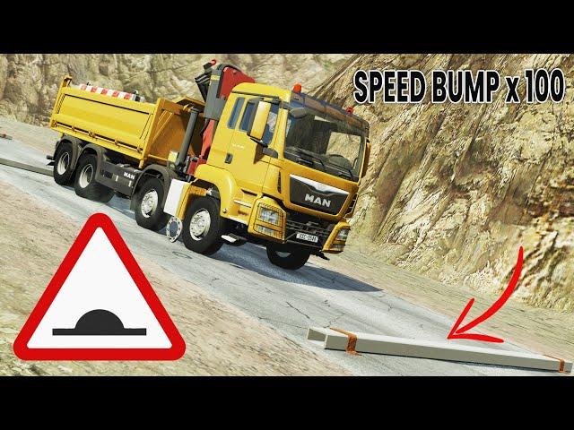 BeamNG Drive - Cars vs 100 Speed Bumps (High Speed)