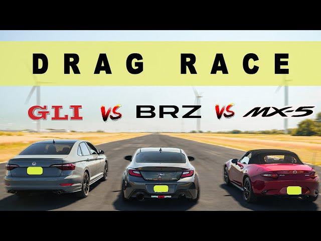 2022 Subaru BRZ vs Mazda MX-5 vs VW Jetta GLI, under 40K car challenge. Drag and Roll Race.