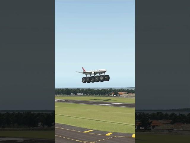 Landing of a giant passenger plane with tires larger than the fuselage, simulation