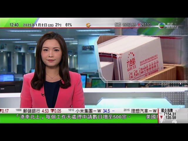 TVB午間新聞｜六合彩新年金多寶今晚攪珠 頭獎獎金料可達一億元｜倫敦元旦巡遊雨中舉行 羅馬續按傳統舉行高橋跳水｜國家要求商家推適合一人份量食物等｜20250102 香港新聞 TVB News