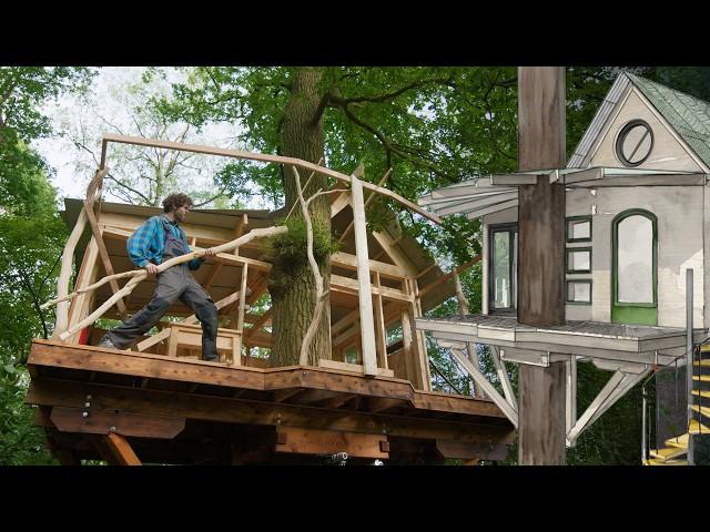 Building A Treehouse In A Beautiful Forest Alone Part 10 - Building The Porch From Oak Logs - asmr