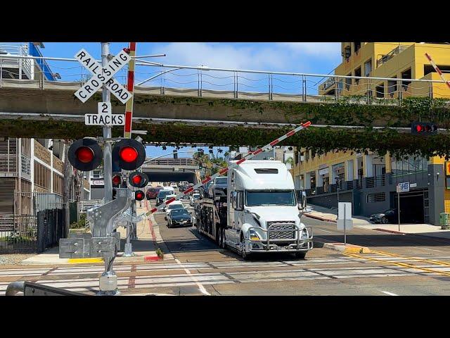 Truck Stops on Railroad Tracks as Train Approaches - Laurel Street Railroad Crossing, San Diego, CA