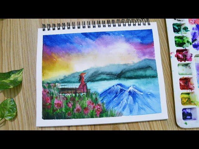 Watercolor Girl & Mountain Landscape Painting Tutorial Step by Step for Beginners / Watercolor Demo