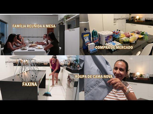 Preparando café e família reunida, compra de mercado, roupa de cama nova, testemunho forte, faxina