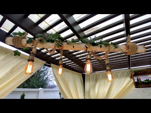 Original Idea of Rustic Lighting Fixture for Terrace made of Birch Wood with Decorative Plants