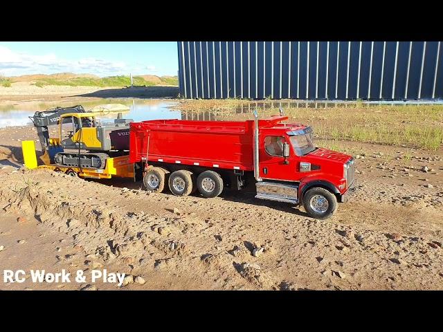 RC Western Star 49X dump truck, Kane low-loader trailer, & Volvo EC160E 3-in-1 excavator