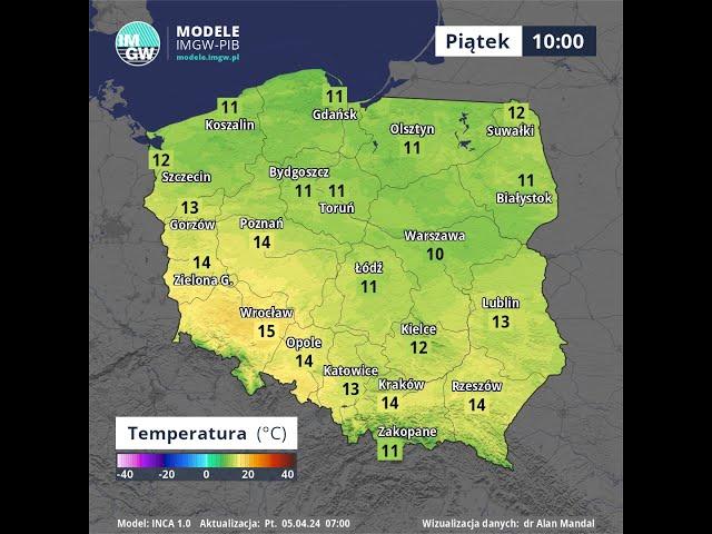 Prognoza temperatury powietrza PIĄTEK 5.04.2024 na 8 godzin Model INCA #SHORT