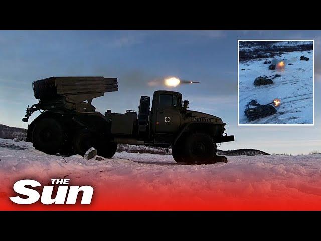 Moscow shows mobilised Russians soldiers training with live artillery in freezing Murmansk