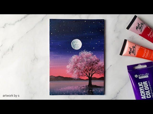 Moonlight Night Sky Painting | Easy Acrylic Painting Tutorial for Beginners | Mini Canvas Painting