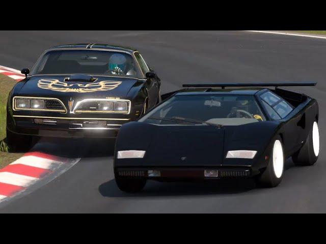 Pontiac Firebird Trans-Am 1978 VS Lamborghini Countach LP400 1974 at Nurburgring Nordschleife