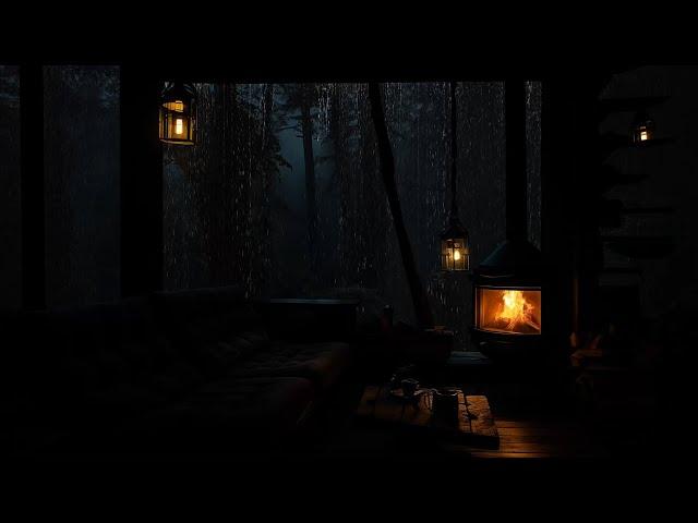 Rainy Night in a Cozy Cabin | Fireplace Sounds for Relaxation