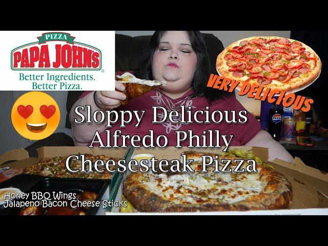 Alfredo Philly Cheesesteak Pizza from Papa John's with Honey BBQ Wings Mukbang