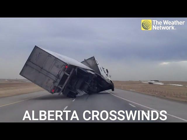 Extreme Alberta winds causes semi truck to tip over