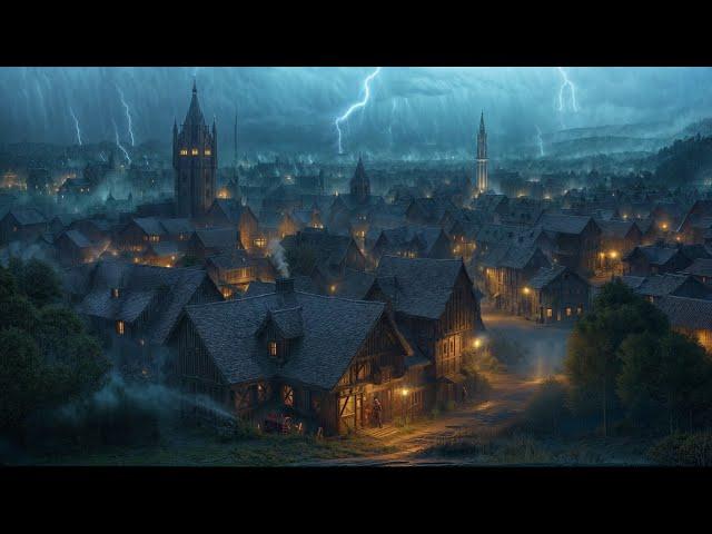 Medieval City Night Ambience | Relaxing Heavy Rain & Thunderstorm Sounds, Blacksmiths, White Noise