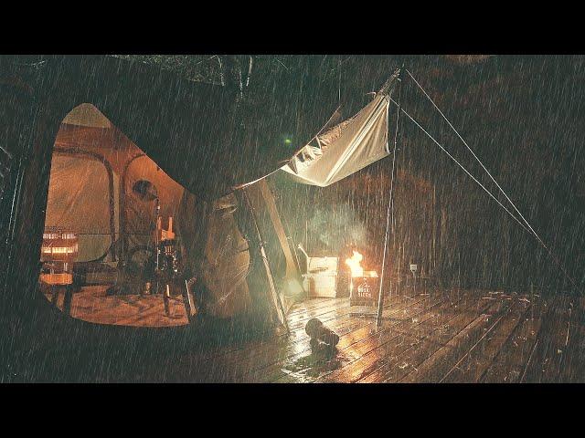 Sleep in a tent on a winter rainy day