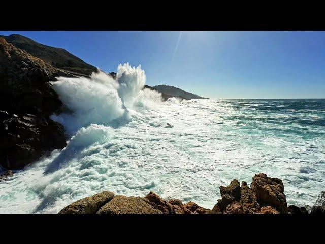 Big Waves Crashing Against Cliffs on a Windy Blue Sky Day! - Granite Canyon Bridge, Big Sur, CA