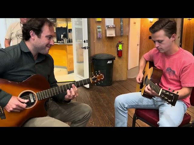 Brooks Robertson and Parker Hastings messing around at Pete Huttlinger Guitar and Fly Fishing Camp