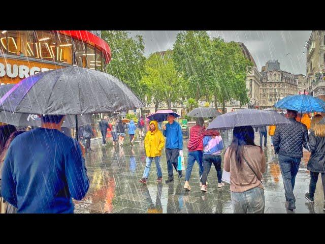 1+ Hour London Heavy Rain Walk | Grey, Wet West End Summer City Streets | 4K HDR