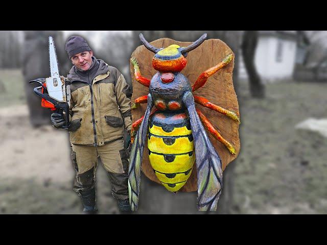 GIANT WOODEN BEE with chainsaw, AMAZING chainsaw wood carving