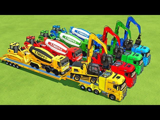 TRANSPORTING EXCAVATOR, MIXER TRUCK, BULLDOZER, POLICE CARS TO GARAGE WITH MAN TRUCK - FS22