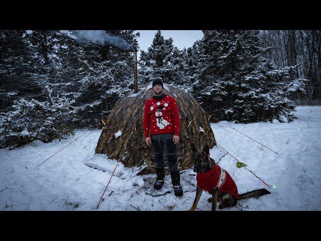 Hot Tent Camping In A Snow Storm With My Dog - Cooking A Christmas Feast