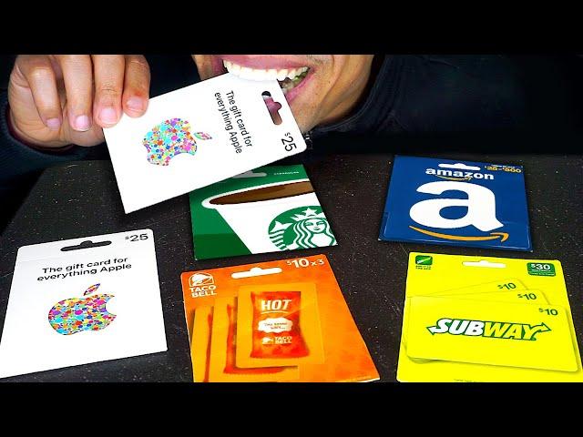 ASMR EDIBLE GIFT CARDS AMAZON STARBUCKS APPLE TACO BELL SUBWAY EATING *FAKE* MUKBANG 먹방 PRANK