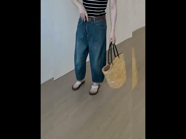 YLEMI 여성 하이웨스트 봄 여름 와이드 9부 청바지 데님 팬츠