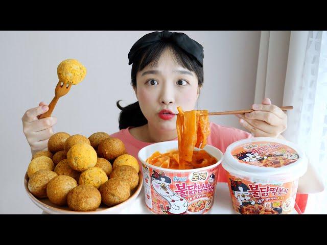 Brand newRose Fire chciken flat noodles and tteokbokki ft.Cheese balls REALSOUND EATING SHOW ASMR