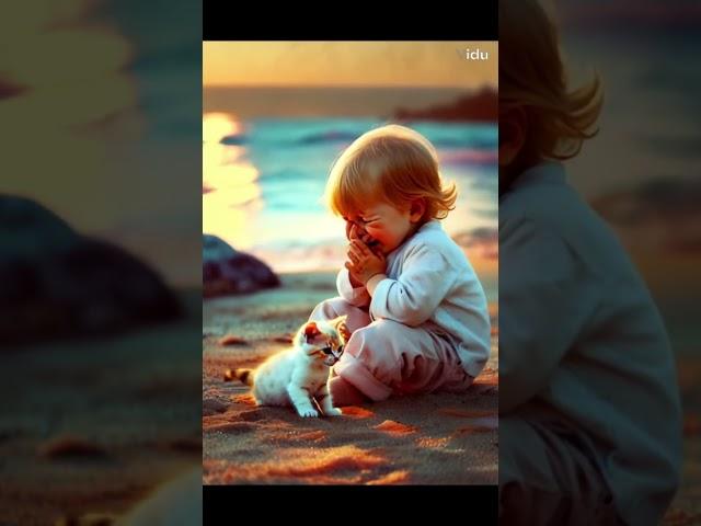 The child was lost from its mother by the sea and the cat stayed with the child, guarding it