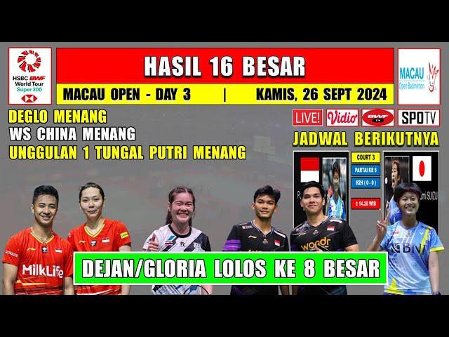 Hasil 16 Besar Macau Open 2024 Hari Ini ~ DEJAN/GLORIA & Unggulan 1 WS Menang ~ 8 Wakil INDONESIA