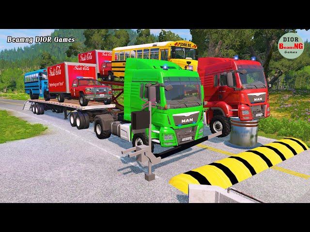 Double Flatbed Trailer Truck vs speed bumps|Busses vs speed bumps|Beamng Drive|846