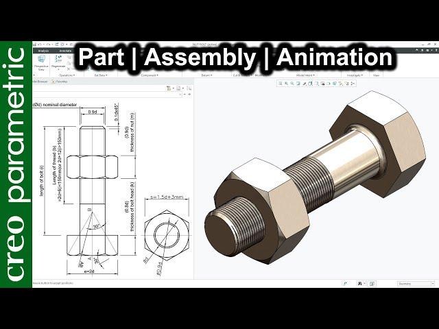 Nut and Bolt Assembly design with Animation | Part design with custom thread in Creo Parametric