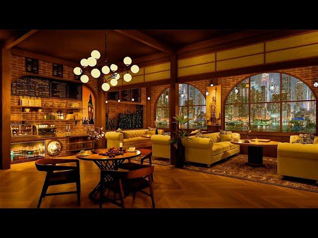 Warm Cafe space on Rainy day on Autumn Night With Relaxing Jazz Music for Study, Work, Sleep