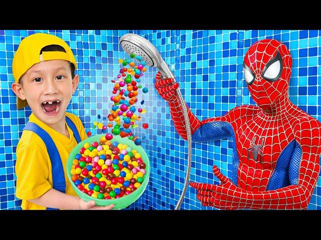 BooTiKaTi and Spiderman Play with Surprise Magic Candy Shower and Learn to share with others