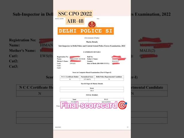 SSC CPO AIR-48 final scorecard  #ssc #ssccpo #ssccgl #delhipolice #dpsi #shorts #viral #ytshorts