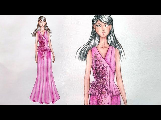 Cara Menggambar Desain Gaun Pesta | Fashion Illustration: How to Draw Beautiful Evening Dress