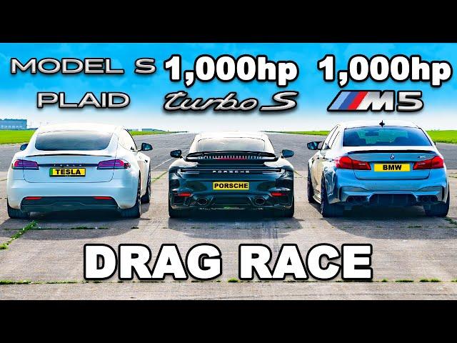 1,000hp M5 v 1,000hp 911 Turbo v Model S Plaid: DRAG RACE