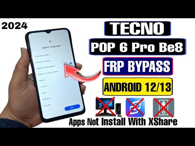 Tecno POP 6 Pro FRP Bypass 2024 | Android 12 New Solution | BE8 Google Bypass Without PC/Setting