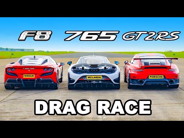 Ferrari F8 v McLaren 765LT v 911 GT2 RS: DRAG RACE