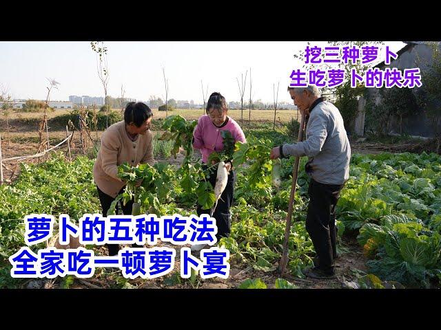 萝卜的五种吃法，全家体验生吃萝卜的快乐，用羊排焖萝卜，炸萝卜丸子，炸菜角，蒸萝卜卷馍 | Five ways to eat radish, rural rice