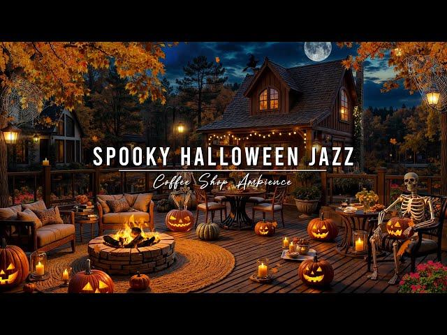 Spooky Night at Cozy Fall Porch Halloween Ambience  Relaxing Jazz Music & Crackling Fireplace