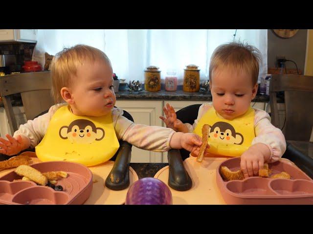 Twins try peanut butter toast with banana