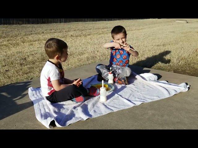 Brothers Having a Picnic on the Back Patio with Chopsticks