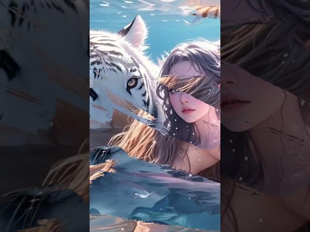 Magical Moment Stunning Young Woman Bathes with a White Tiger – A Scene Straight Out of a Fairy Tale