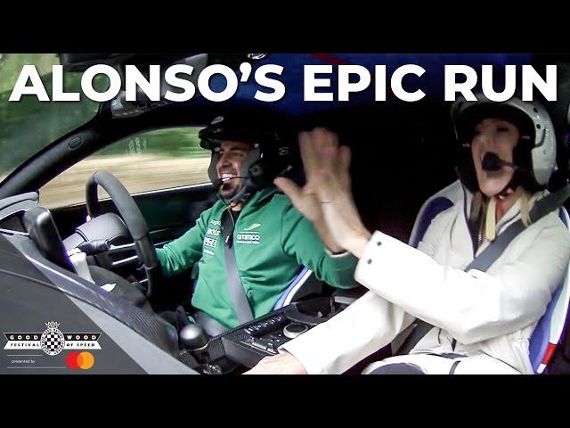 Fernando Alonso hurls Aston Martin Valiant up FOS hill with Rachel Brookes