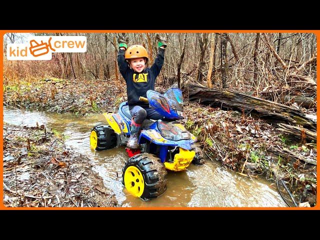 Playing in the mud on ATV and making trail in woods, building bridge. Educational | Kid Crew